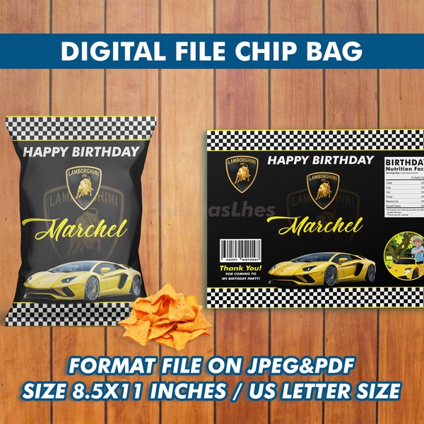 Lamborghini Chip Bag Photo Birthday Invitation, Lamborghini Chip Bag Birthday Party, Lamborghini Chip Bag Invitation