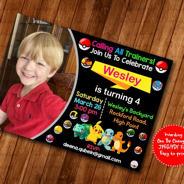 Pokemon Birthday Invitation, Pikachu Invitation, Pocket Monster Invite Party, Pokemon Birthday Invitation With Photo