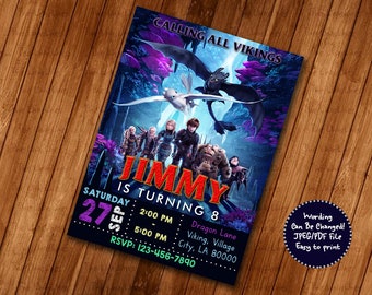 May include: A colorful invitation for a birthday party with a dragon theme. The invitation features a purple, blue, and green background with images of dragons and characters from the movie How to Train Your Dragon. The text on the invitation reads "Calling all Vikings" and "Jimmy is turning 8".