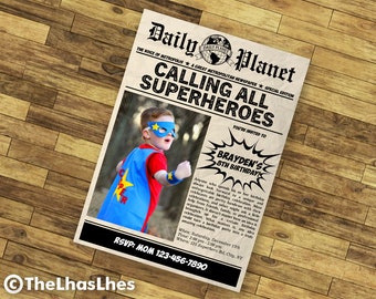 Superhero Kids Newspaper Photo Birthday Invitations, Birthday Invitations, Superhero Newspaper