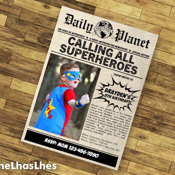 Superhero Kids Newspaper Photo Birthday Invitations, Birthday Invitations, Superhero Newspaper