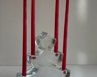 Vintage MCM Thick Heavy Wiesenthal Hutte Ice Glass Block Christmas Tree Four Arm Candelabra Mid Century Modern