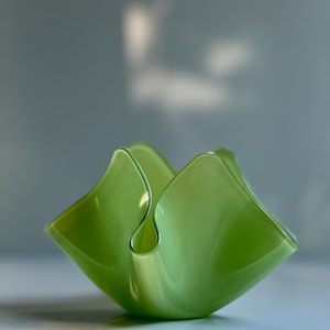 Vintage Bright Green Art Glass Handkerchief Vase / Candle Holder / Candy Dish Abstract Folded Style Organic Shape