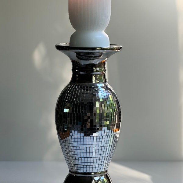 Ceramic Mirrored Mosaic Disco Ball Effect Pillar Candle Holder Reflective Fun Party Decor