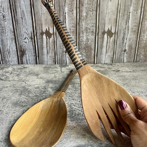 Vintage Hand Carved Wooden Safari Zebra Head Salad Serving Spoon Utensils Fork Set Pair African Safari Decor