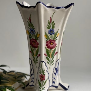 Vintage Hand Painted 408 Marked Ceramic Vase. 10.5”. Six Sides & Three Legs., Tall Vintage Vase Colorful Hand Painted Flowers Vase Floral