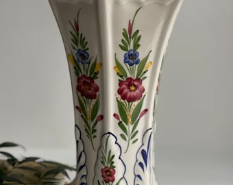 Vintage Hand Painted 408 Marked Ceramic Vase. 10.5”. Six Sides & Three Legs., Tall Vintage Vase Colorful Hand Painted Flowers Vase Floral
