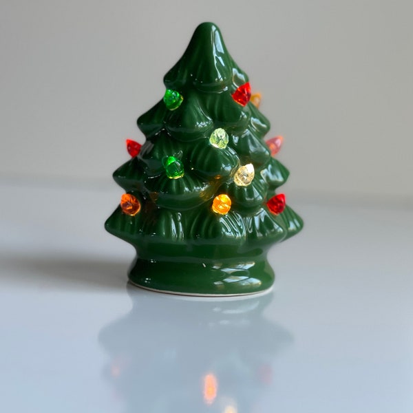 Nostalgic MCM Inspired Ceramic Christmas Tree with Multi Colored Bulbs. Perfect Gift Idea! Mini Small Tiny Xmas Tree Gift Present Battery