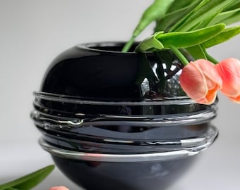 Vintage HEAVY Black Wrapped Art Glass Vase Round / Sphere / Orb Shaped