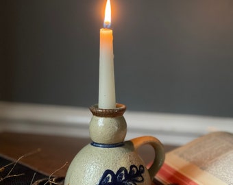 Vintage Hand Painted Salt Glazed Studio Pottery Jug Candle Holder / Vase. Beige & Blue Color Leaves Taper Candle Holder / Mini Tabletop