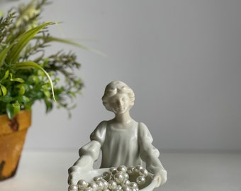 Vintage Fitz & Floyd Porcelain Figurine Trinket Dish Candle Holder Lady wearing White Dress holding Tray Makeup Vanity Dresser Bedside Table