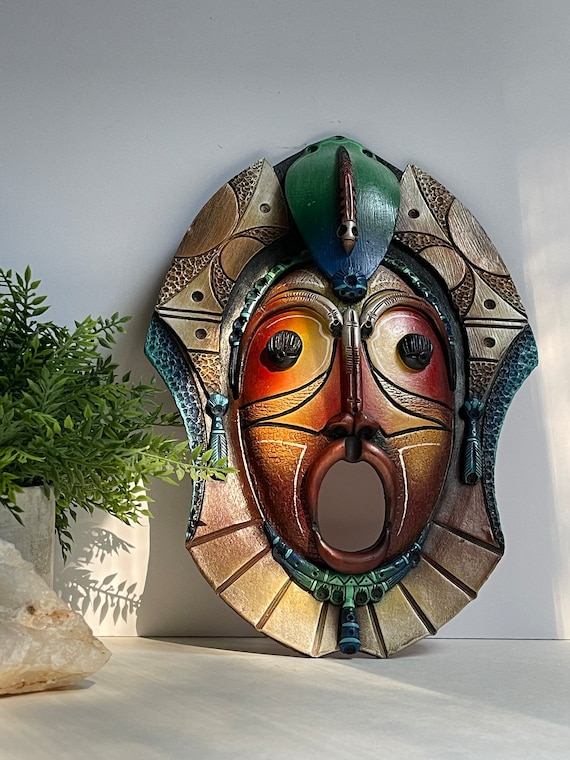 Vintage Aztec Mayan Terracotta Mask: Hand-painted Metallic Wall
