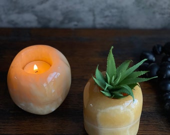 Vintage Honey Orange Calcite Tea Light Holder Pair: Zen Decor