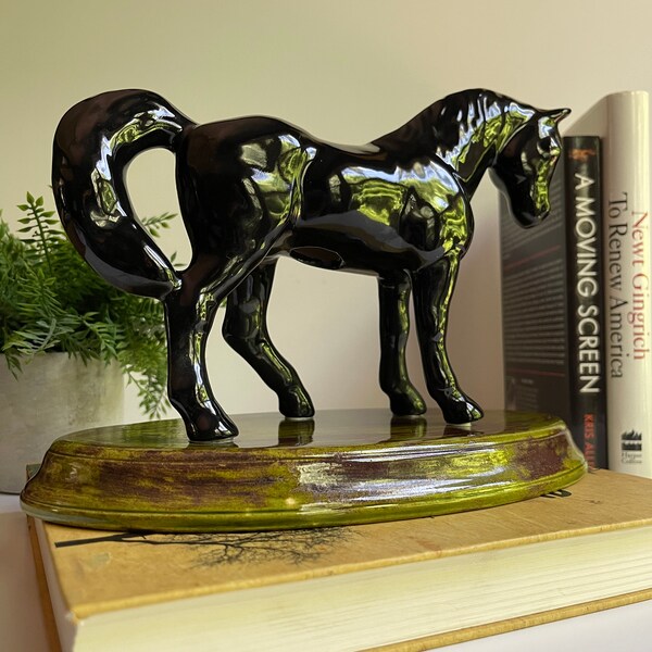 Vintage Atlantic Mold Hand Painted Stallion / Horse Sculpture Vintage Black Horse Ceramic Sculpture Horse Lover Gift Shiny Black Horse