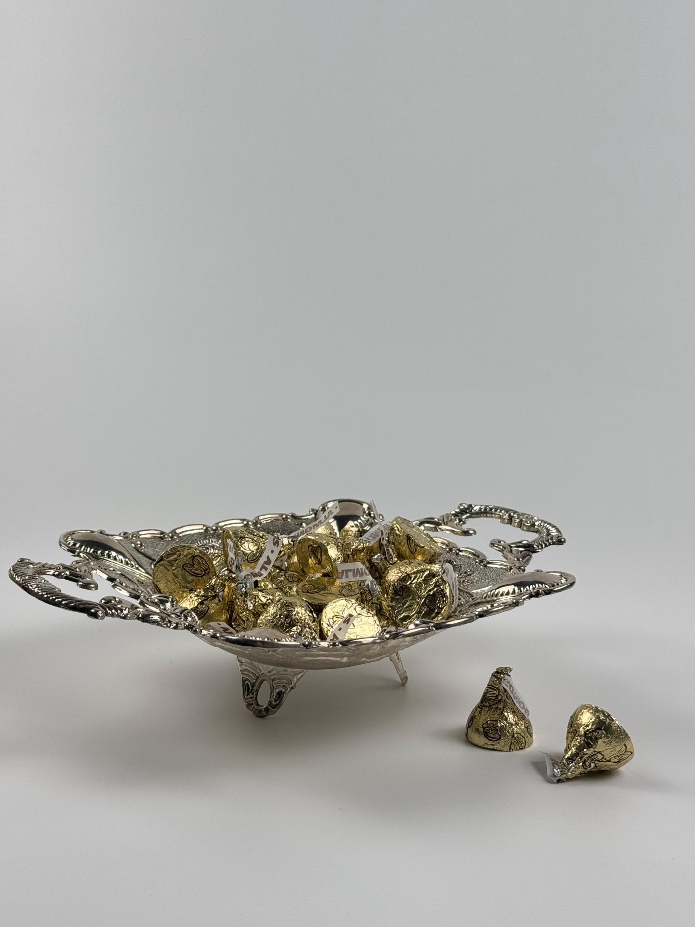 Vintage Godinger Roses Embossed Silver Plated Tri-Footed Candy, Nuts or Trinket Dish with Handles Square Shaped
