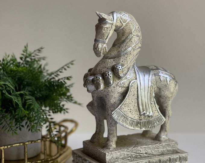 Vintage Tang Dynasty, War Horse. Heavy, Well Made Hand Carved Silver Royal Horse Sculpture