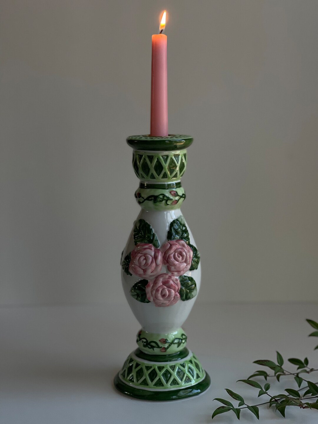 Vintage Ceramic Taper Candle Holder With Embossed Roses, Leaves, Vines
