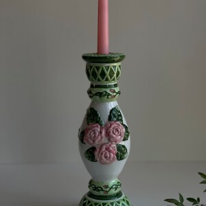 Vintage Ceramic Taper Candle Holder with Embossed Roses, Leaves, Vines & Trellis Pattern Vintage Shabby Chic Pink Roses Leaves Vine Trellis