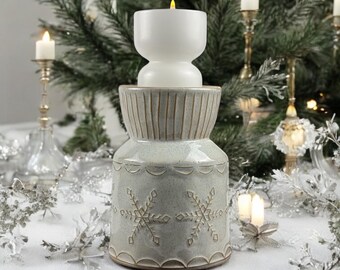 Snowflake Double Sided Pot / Vase /Candle Holder. Winter Decor., Speckled Ceramic.
