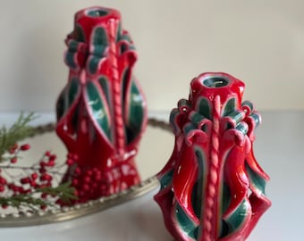 Vintage Hand Carved Christmas Candles: Candy Cane Ribbon Pair