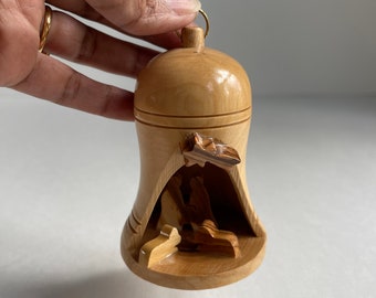 Vintage Olive Wood Nativity Bell Ornament: MCM Wooden Manger Scene