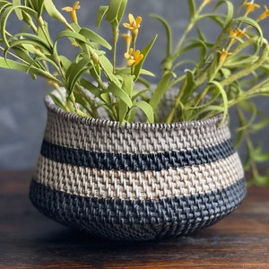 May include: A woven basket with black and white stripes, filled with green leafy stems and yellow flowers.