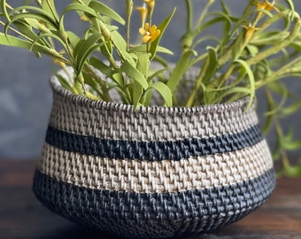 Basket Weave Ceramic Planter: Black and White Faux Woven Vase