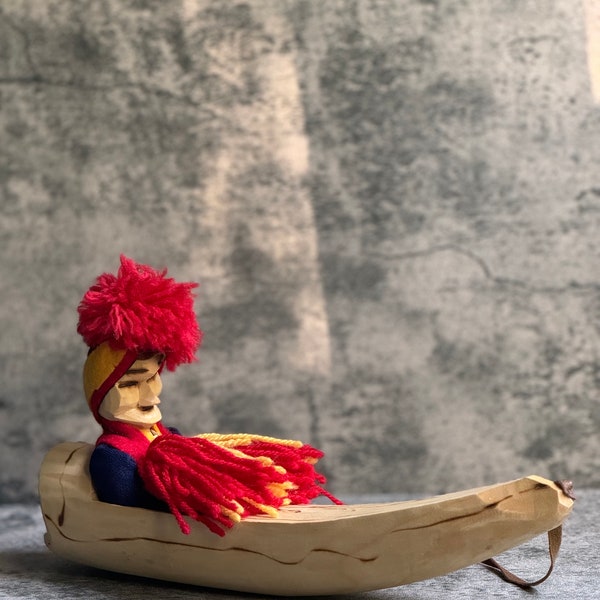 Vintage Rare Hand Carved Ackja with Sami Figurine Eclectic Multicultural Figurine Wooden Boat Sleigh Nordic Lapland Finland Sami Sledge