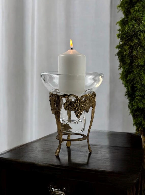 Vintage Brass Grapes Candle Holder: Thick Glass Vase Insert