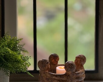 Vintage Clay Pottery Circle of Four Friends Votive / Tea Light. Symbol of Unity and Good Luck Rustic Primitive Decor