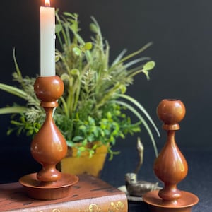 Vintage Hand Turned Wooden Candlestick Holder Pair Mid Century Modern Candle Holder MCM Candlestick Holder with Base Hand Carved Wood Set