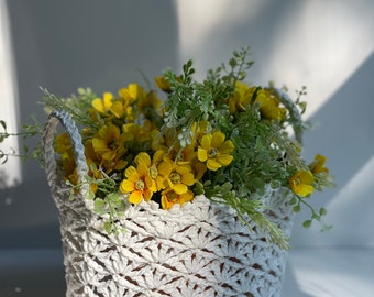 Hand Woven Starched White Crochet Basket. Perfect Spring Decor / Gift Basket. Greenery not included! Light airy French style decor