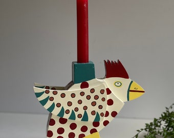 Rare Vintage Handmade Wooden Folk Art Chicken Candle Holder Vintage Rooster Funky Colors Patterns Shapes Taper Colorful Multi Colored Decor