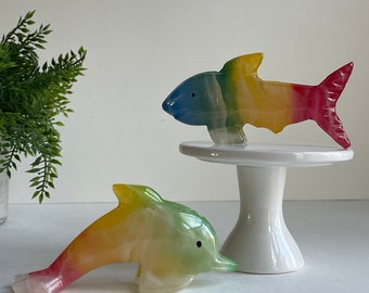 Vintage Hand Carved Rainbow Onyx Shark & Dolphin Sculpture