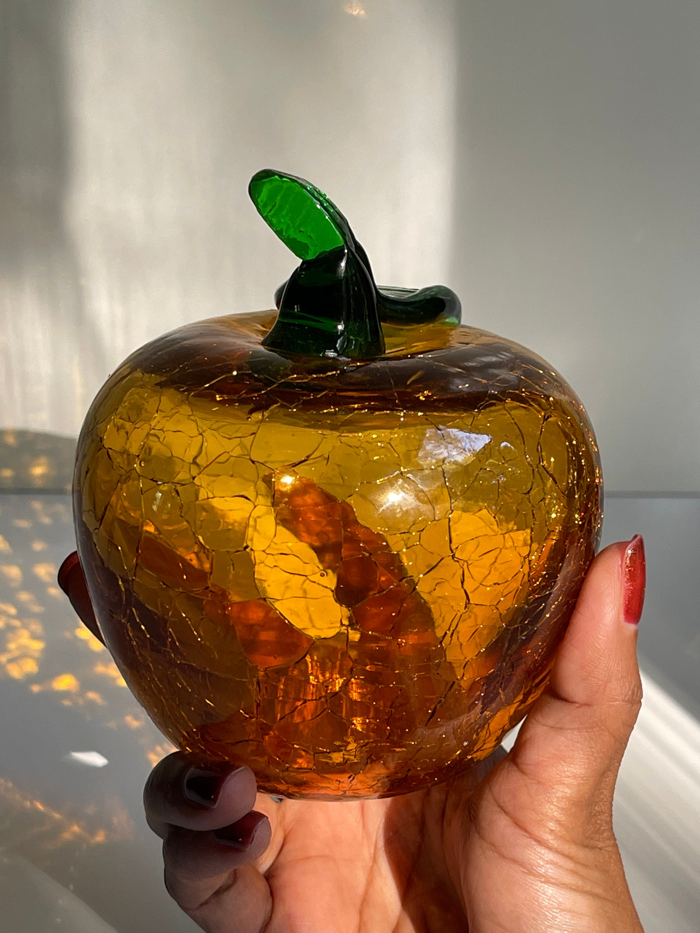 Vintage Crackled Heavy Amber Art Glass Apple / Orange Paperweight Fruits With Green Glass Leaf