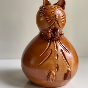 Vintage Italian Pottery Mid Century Modern Cat Bank / Display Cat Piggy Bank / Rounded Sitting Cat Sculpture / Orange Color Cat Lover Gift