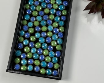 Handmade Marble Tray: Green & Blue Glass Marbles, Black Wood