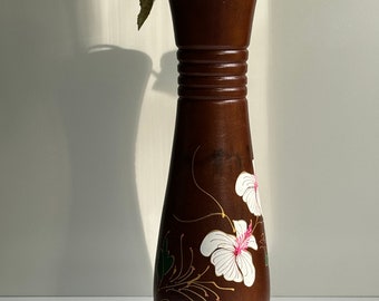 Vintage 13 3/4” Tall Mango Wood Hand Painted Hibiscus Floral Vase Fluted Neck