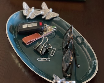 Teal Pewter Tray: Butterfly Trinket Dish, Silver Valet Tray