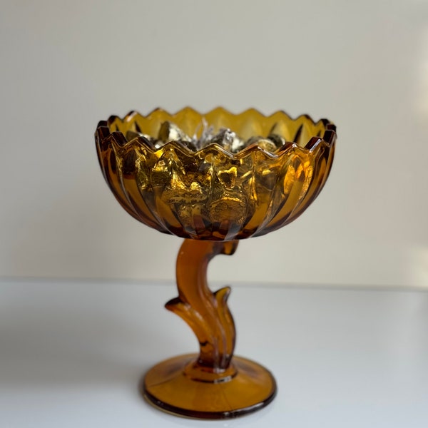 Vintage Heavy Amber Indiana Glass Lotus Blossom Bloom Flower Stem Footed Candy / Compote Pedestal Dish