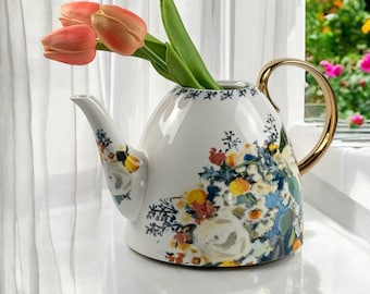 Anthropologie Botanica Teapot Vase: Floral Design, Gold Handle (No Lid)
