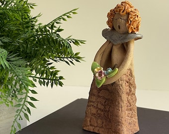 Ceramic Singing Girl / Angel without Wings. Gift Idea! Signed Figurine! Curly Hair Flower Girl with Bouquet Handmade Studio Pottery Girl