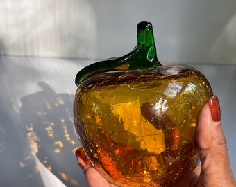 Vintage Crackled Heavy Amber Art Glass Apple / Orange
