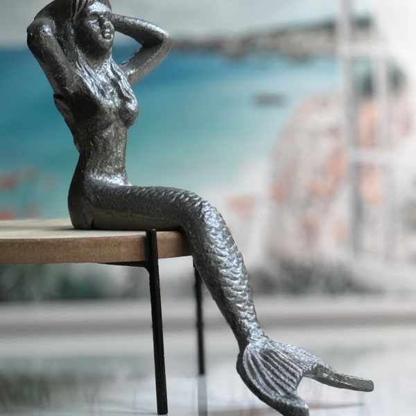 Cast Iron Heavy Mermaid Princess Shelf Sitter. Coastal, Nautical Decor Indoor Outdoor Half Fish Beach Sea Sitting Mermaid