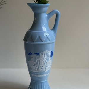 Vintage 1961 Jim Beam Blue Milk Glass Decanter / Vase Greek Philosophers Aristotle Socrates Plato Printed Vase Ancient Greek Inspired Vase
