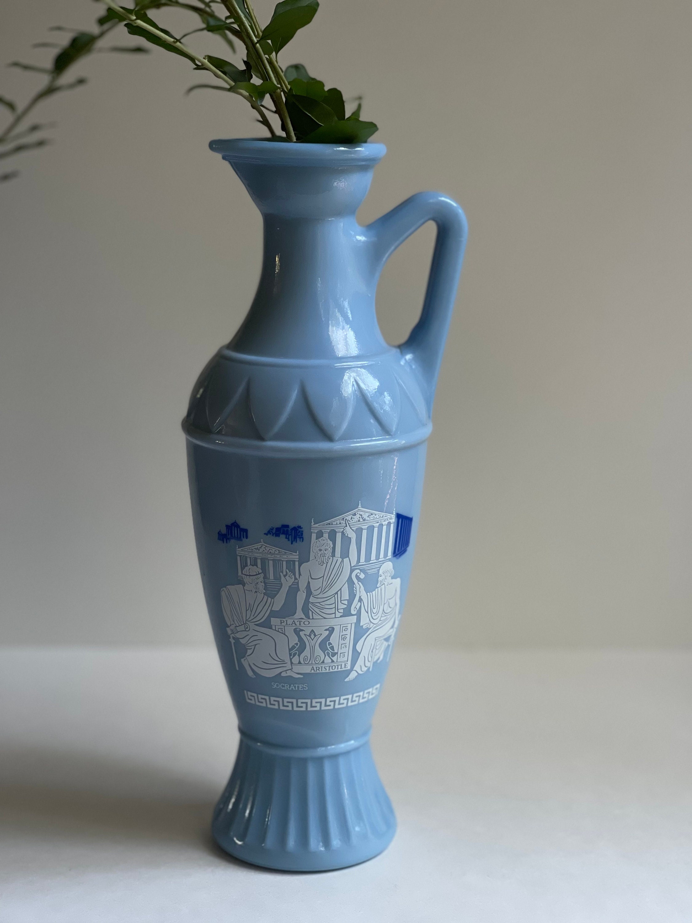 Vintage 1961 Jim Beam Blue Milk Glass Vase: Greek Philosophers