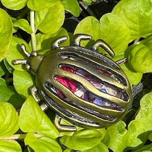 Vintage Gold Tone Beetle Brooch with Multi-Colored Acrylic Inlay
