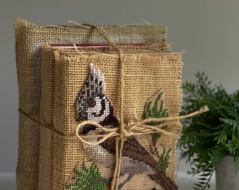 Vintage Burlap Wrapped Book Stack: Farmhouse Bird Decor