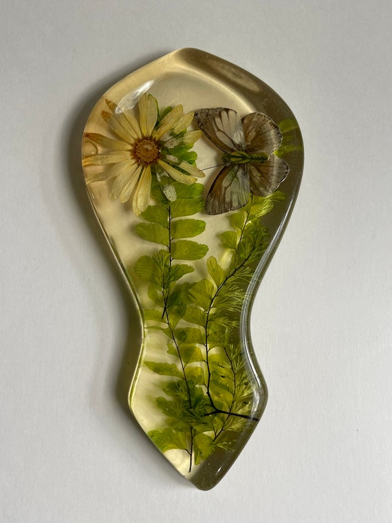 Vintage Lucite Dried Flower, Leaves, Butterfly Sp… - image 1