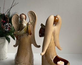 Pottery Angel Figurines: Beige Votive Candle Holders, Set of Two (12.5")